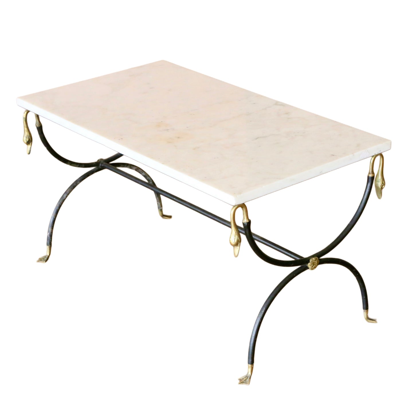 French Hollywood Regency Marble, Brushed Steel & Brass Coffee Table