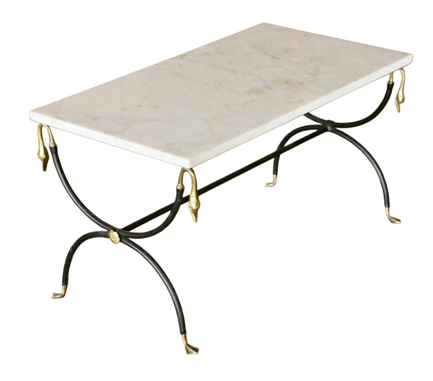 French Hollywood Regency Marble, Brushed Steel & Brass Coffee Table