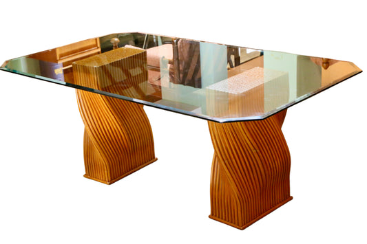 McGuire, Large Mid Century Modern Glass & Bamboo Pedestal Dining Table