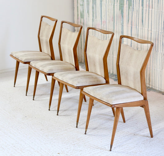 Set Of 4 French Mid Century Modern Teak Dining Chairs With Sculpted Brass Sabots