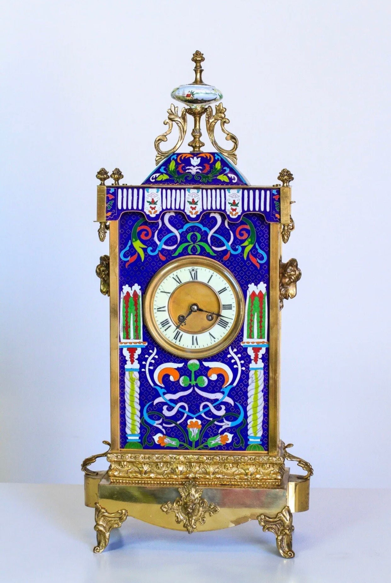 Large Fine French Neo-Grec Gilt Bronze and Champleve Enamel Mantel Clock